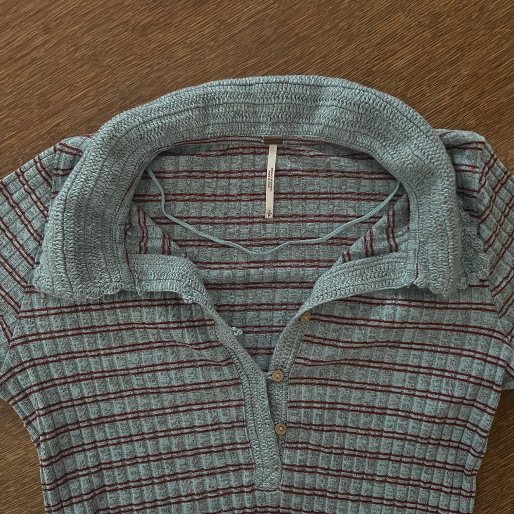 Free People Delilah Ribbed Henley w/crochet collar - icy blue/deep red